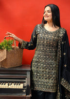 Prazu Fashion Black Chinon Silk Embroidered Sharara Suit | Grocsy