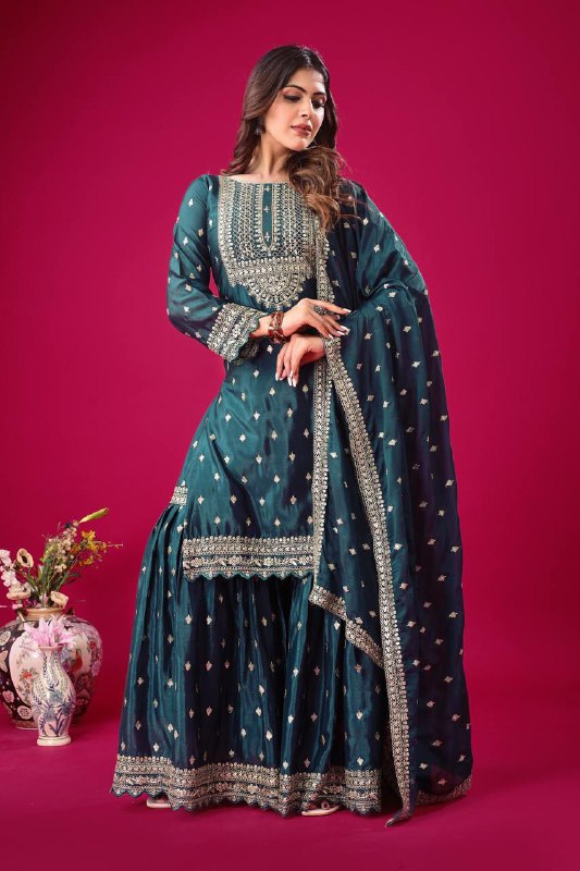 Prazu Fashion Blue Chinon Silk Embroidered Sharara Suit | Grocsy