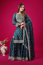 Prazu Fashion Blue Chinon Silk Embroidered Sharara Suit | Grocsy