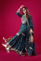 Prazu Fashion Blue Chinon Silk Embroidered Sharara Suit | Grocsy