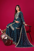 Prazu Fashion Blue Chinon Silk Embroidered Sharara Suit | Grocsy