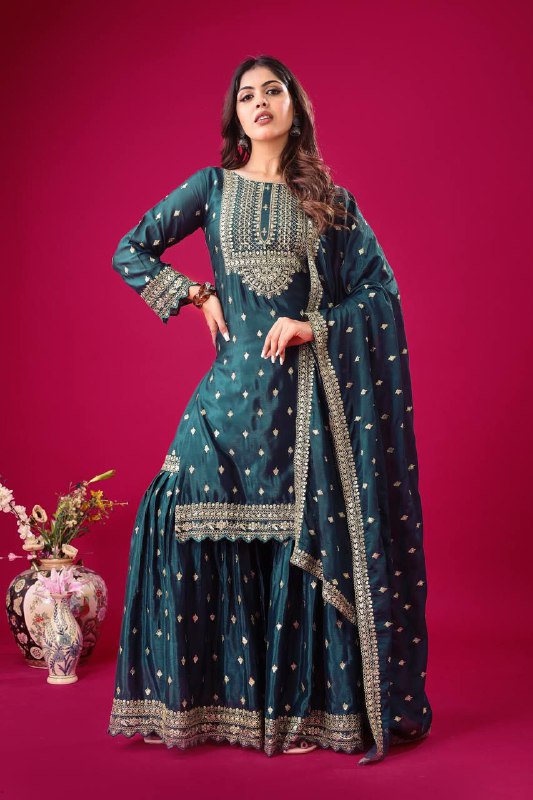Prazu Fashion Blue Chinon Silk Embroidered Sharara Suit | Grocsy