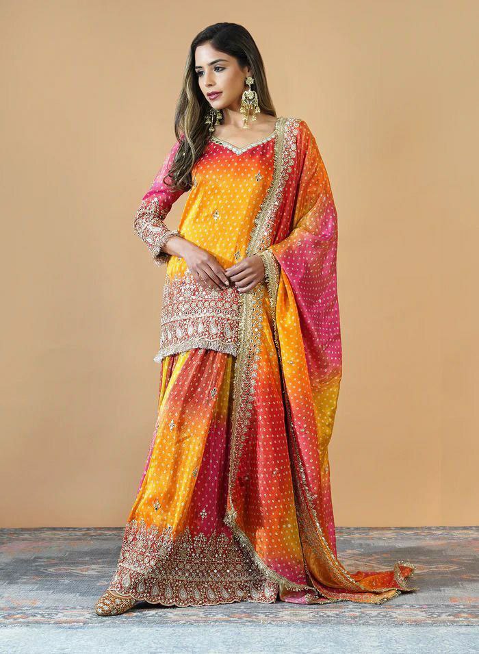 Prazu Fashion Yellow And Pink Chinon Silk Embroidered Palazzo Suit | Grocsy