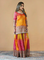 Prazu Fashion Yellow And Pink Chinon Silk Embroidered Palazzo Suit | Grocsy