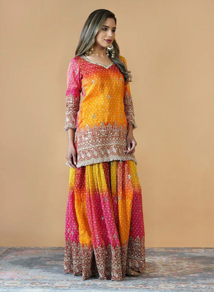 Prazu Fashion Yellow And Pink Chinon Silk Embroidered Palazzo Suit | Grocsy
