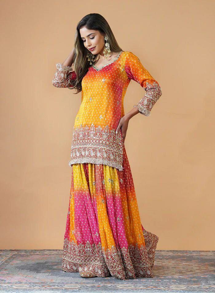 Prazu Fashion Yellow And Pink Chinon Silk Embroidered Palazzo Suit | Grocsy