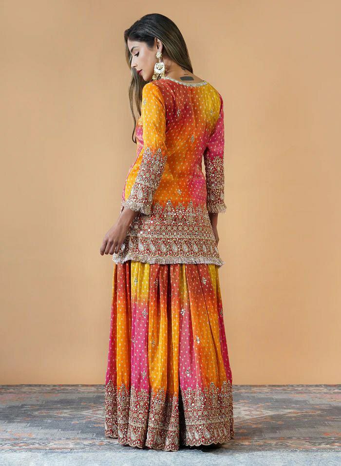 Prazu Fashion Yellow And Pink Chinon Silk Embroidered Palazzo Suit | Grocsy