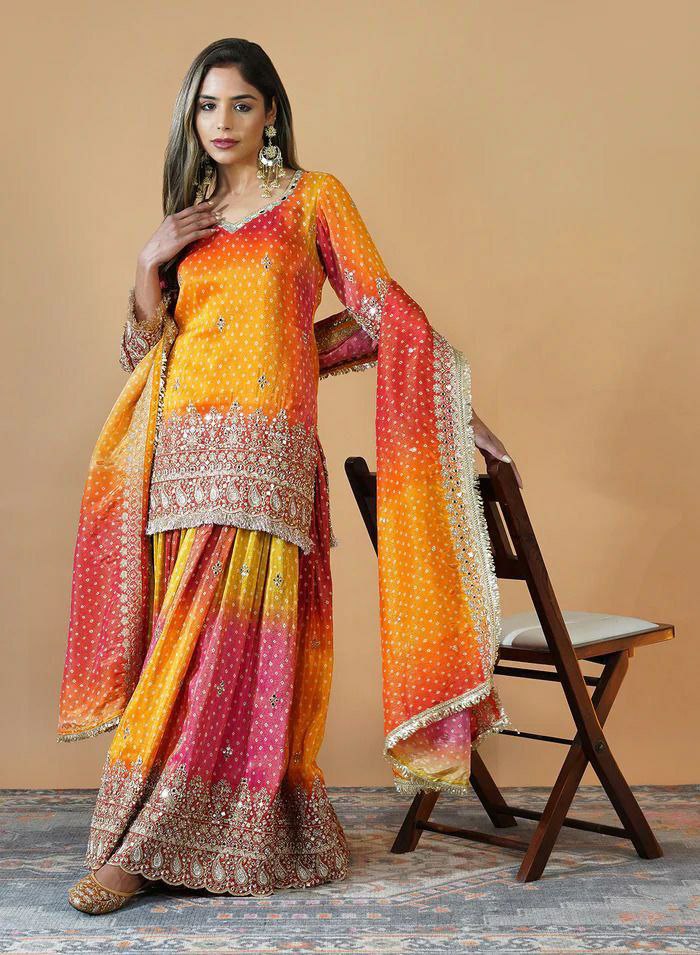 Prazu Fashion Yellow And Pink Chinon Silk Embroidered Palazzo Suit | Grocsy