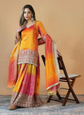 Prazu Fashion Yellow And Pink Chinon Silk Embroidered Palazzo Suit | Grocsy