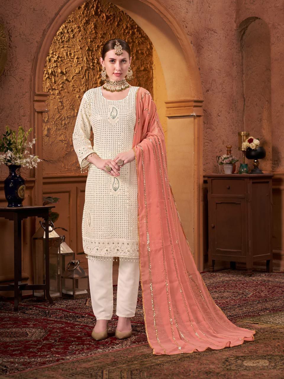 Prazu Fashion Off White Georgette Embroidered Salwar Suit | Grocsy