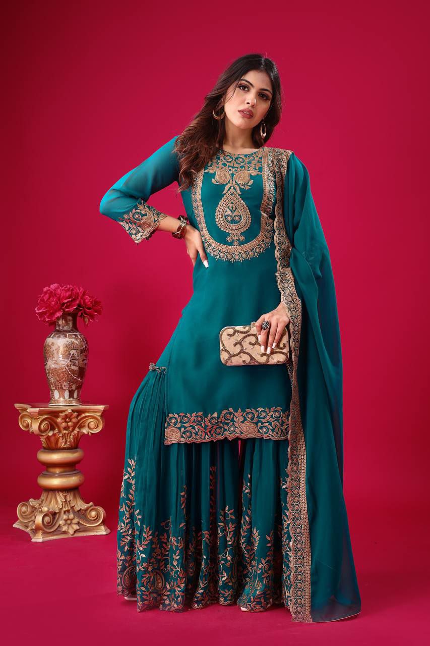 Prazu Fashion Turquoise Georgette Embroidered Palazzo Suit | Grocsy