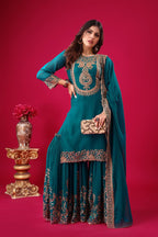 Prazu Fashion Turquoise Georgette Embroidered Palazzo Suit | Grocsy
