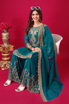 Prazu Fashion Turquoise Georgette Embroidered Palazzo Suit | Grocsy