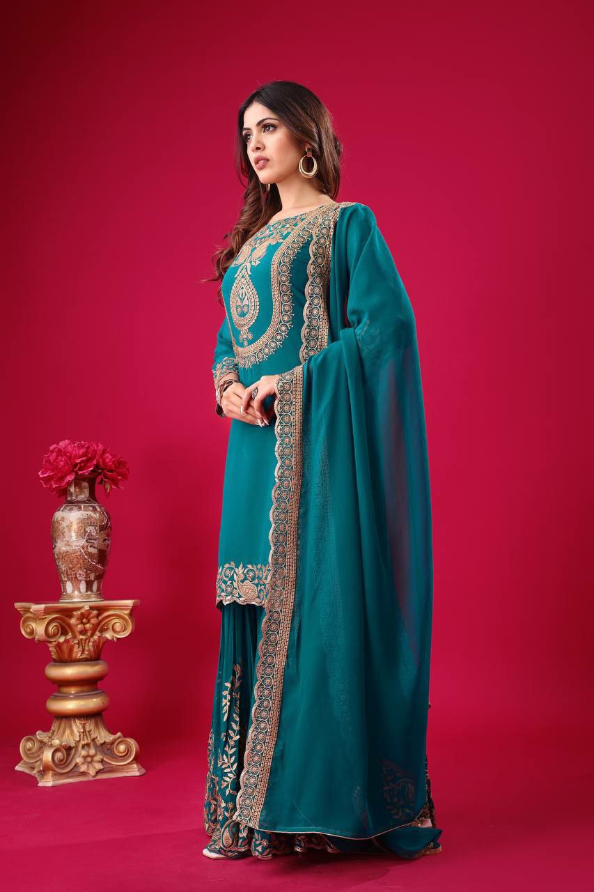 Prazu Fashion Turquoise Georgette Embroidered Palazzo Suit | Grocsy