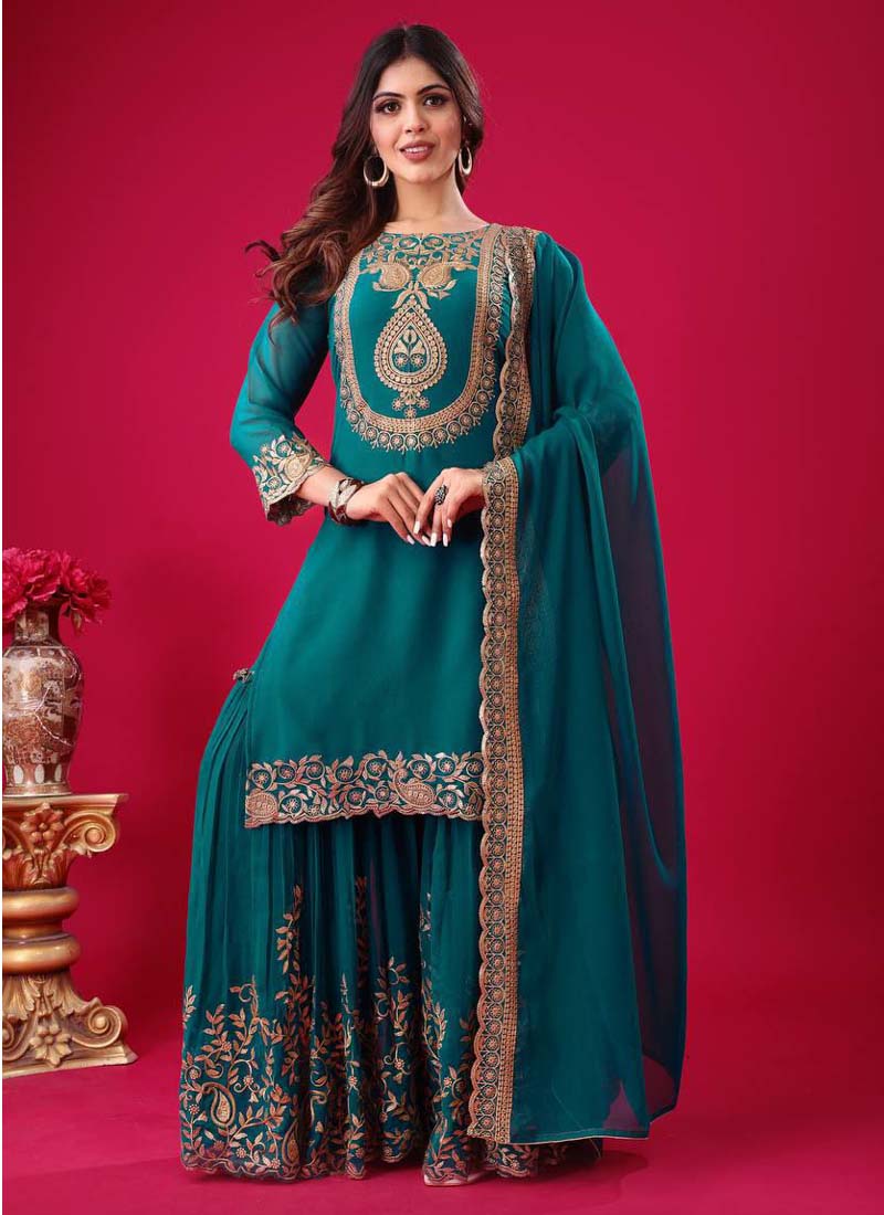 Prazu Fashion Turquoise Georgette Embroidered Palazzo Suit | Grocsy