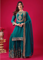 Prazu Fashion Turquoise Georgette Embroidered Palazzo Suit | Grocsy
