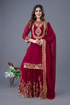 Prazu Fashion Wine Georgette Embroidered Palazzo Suit | Grocsy