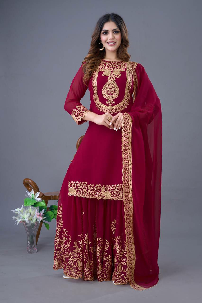 Prazu Fashion Wine Georgette Embroidered Palazzo Suit | Grocsy