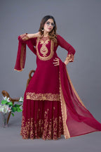 Prazu Fashion Wine Georgette Embroidered Palazzo Suit | Grocsy