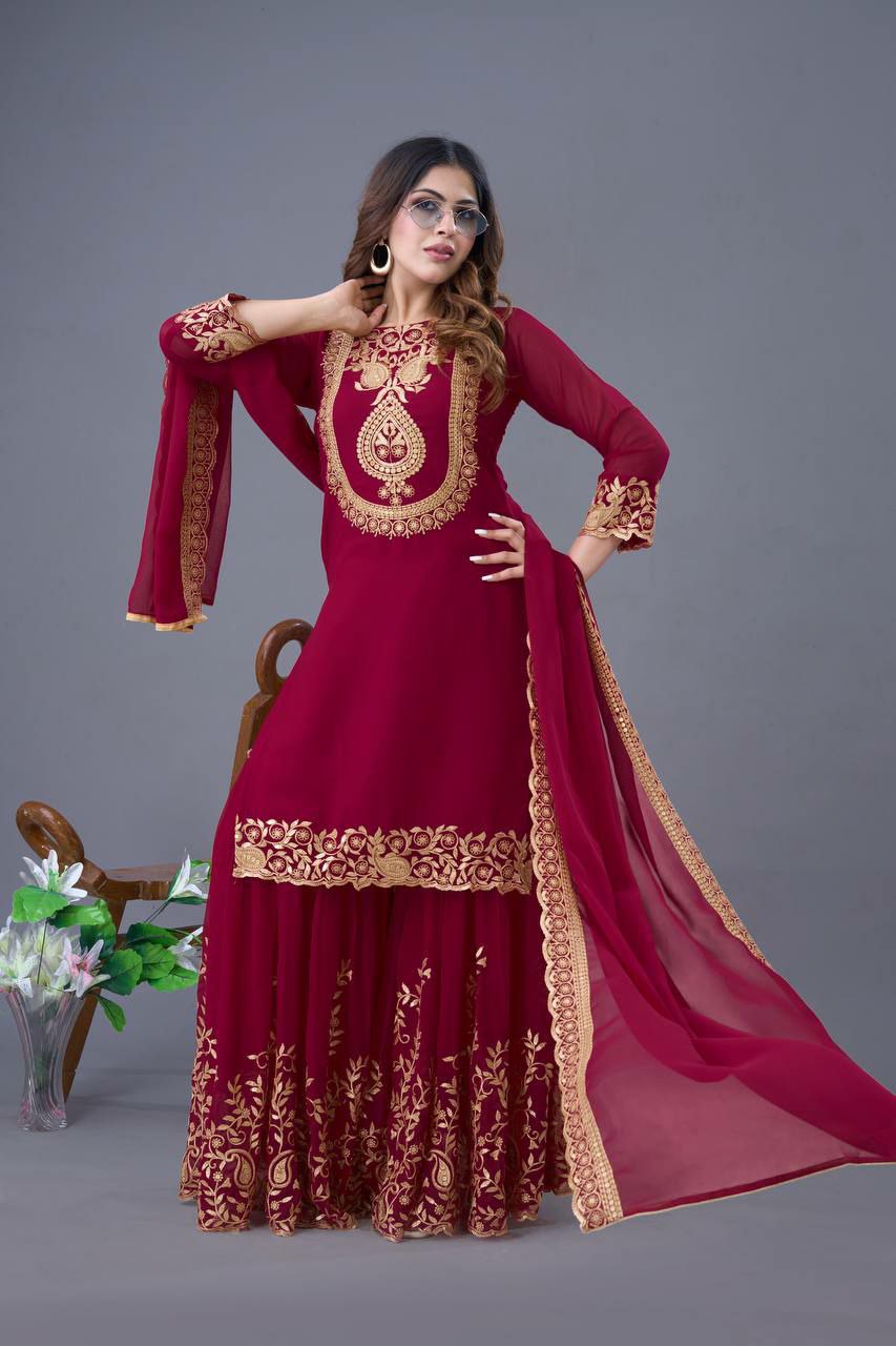 Prazu Fashion Wine Georgette Embroidered Palazzo Suit | Grocsy