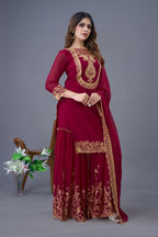 Prazu Fashion Wine Georgette Embroidered Palazzo Suit | Grocsy