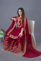 Prazu Fashion Wine Georgette Embroidered Palazzo Suit | Grocsy