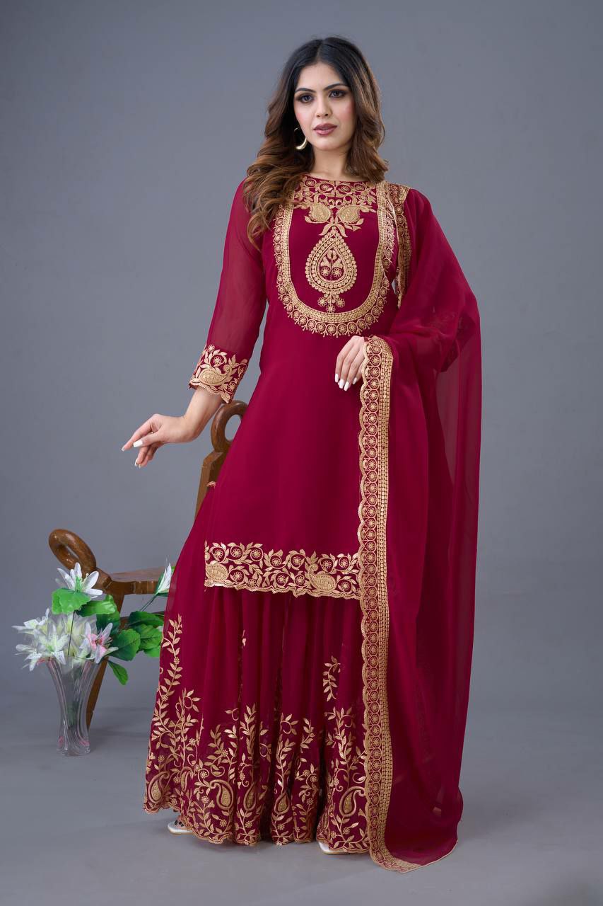 Prazu Fashion Wine Georgette Embroidered Palazzo Suit | Grocsy