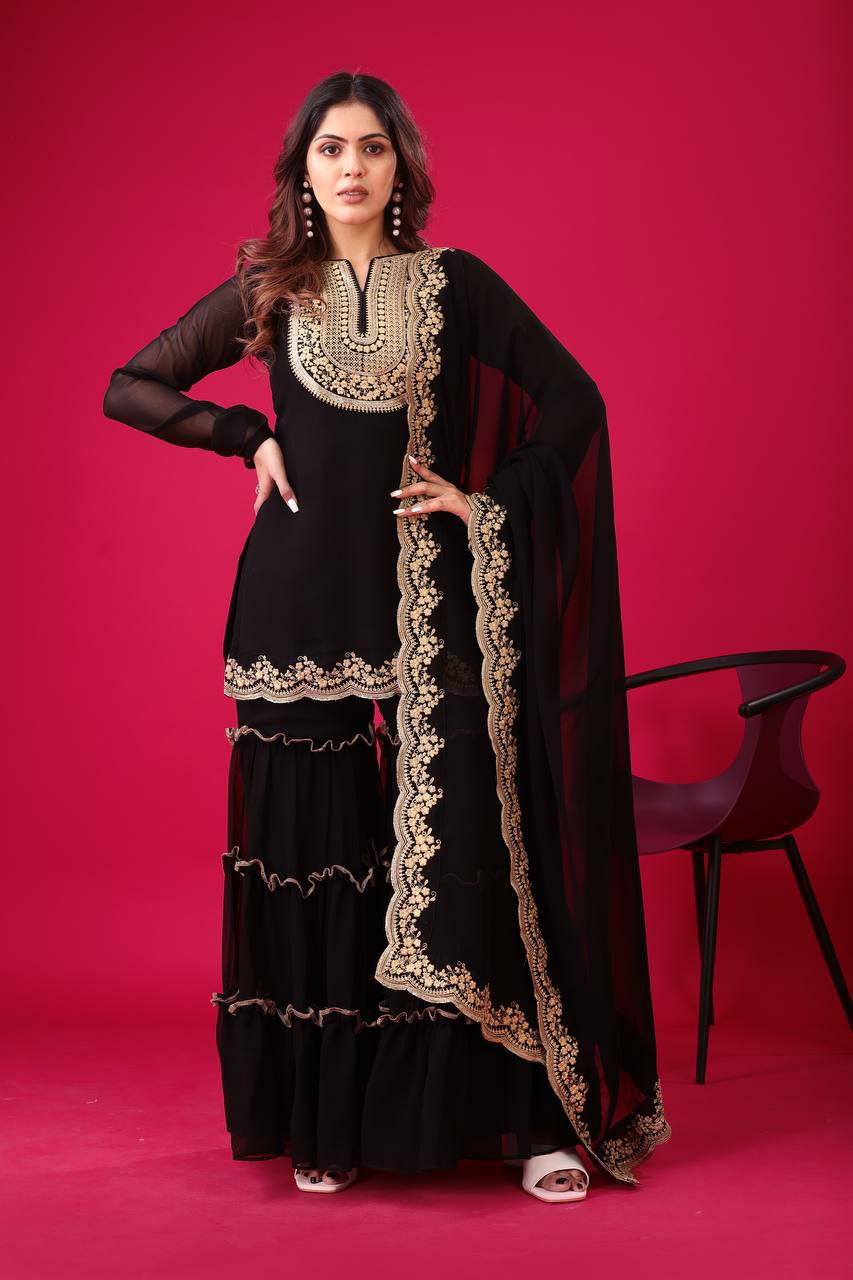 Prazu Fashion Black Georgette Embroidered Plazzo Suit | Grocsy
