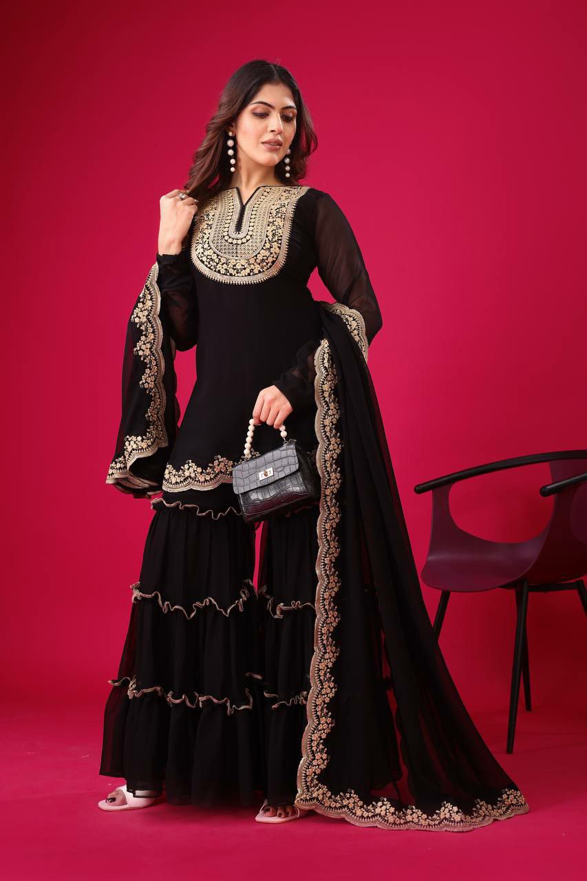Prazu Fashion Black Georgette Embroidered Plazzo Suit | Grocsy