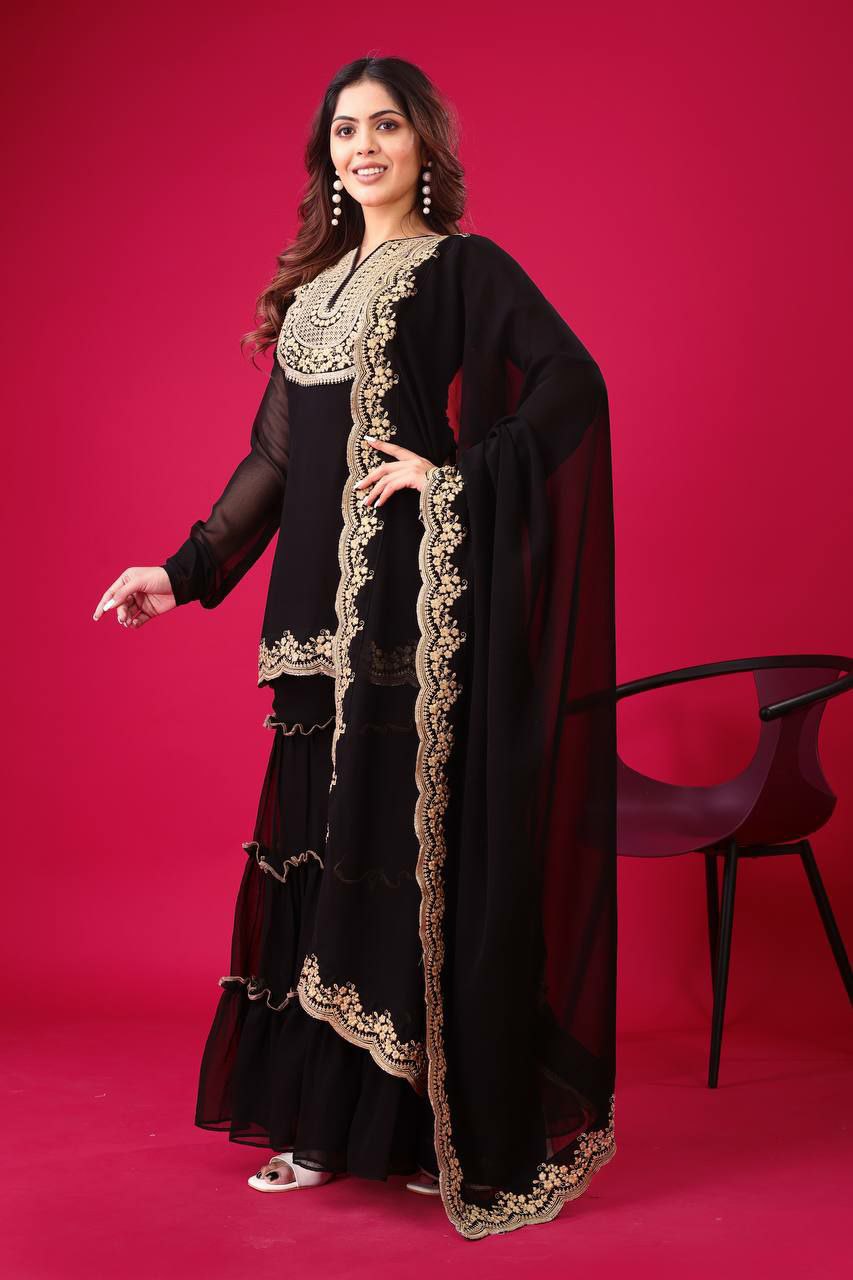 Prazu Fashion Black Georgette Embroidered Plazzo Suit | Grocsy