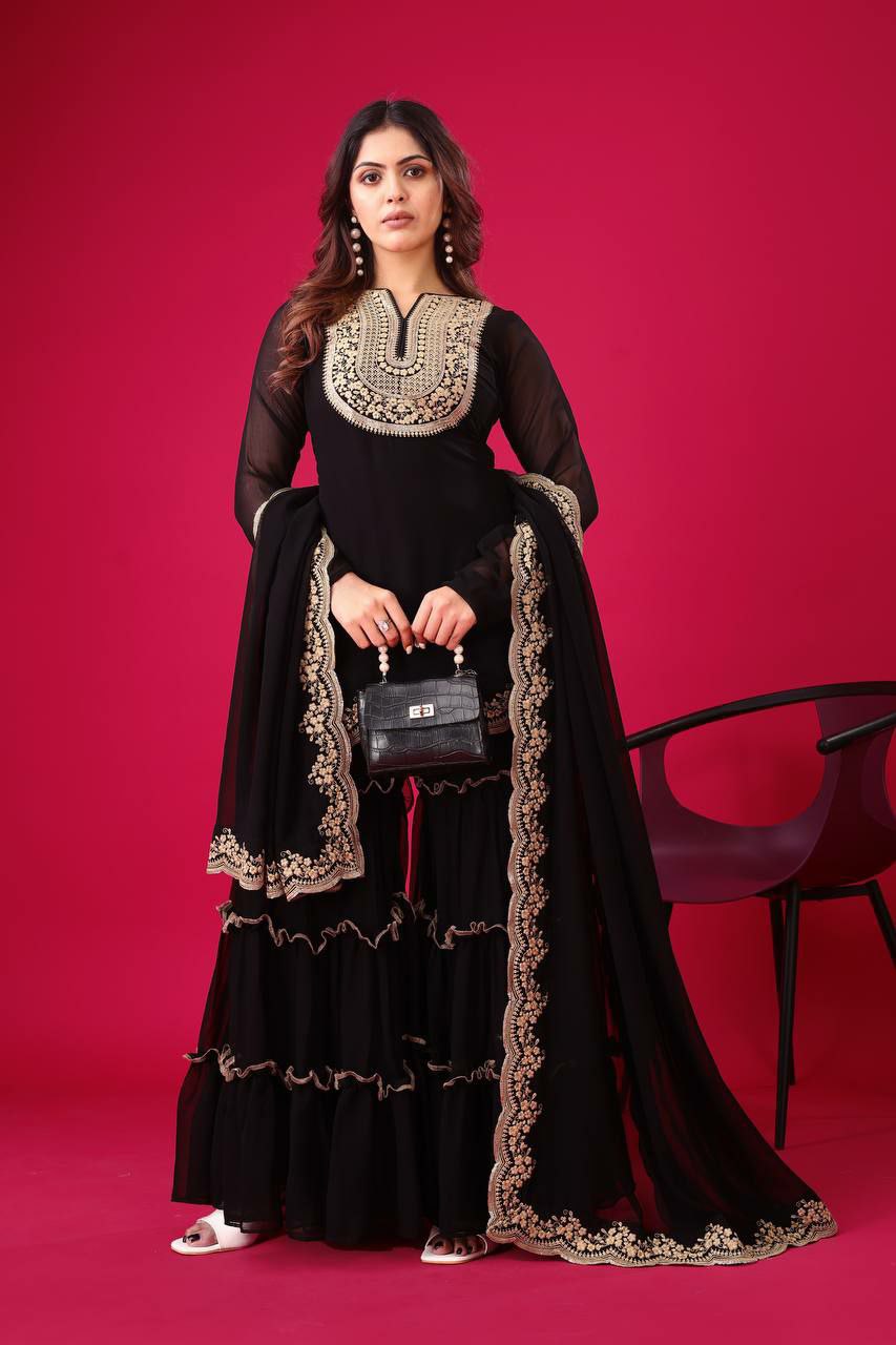 Prazu Fashion Black Georgette Embroidered Plazzo Suit | Grocsy