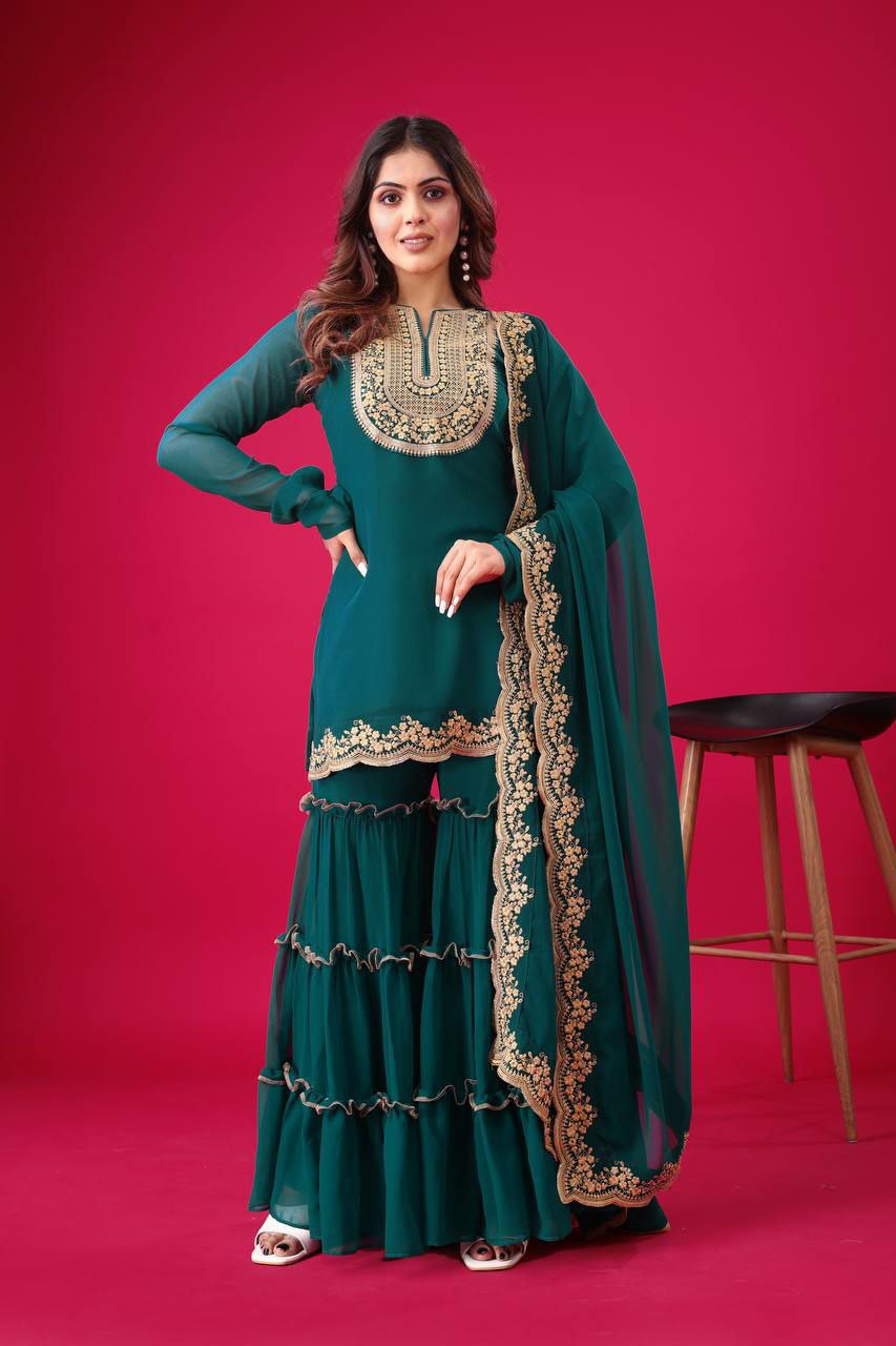 Prazu Fashion Royal Blue Georgette Embroidered Palazzo Suit | Grocsy