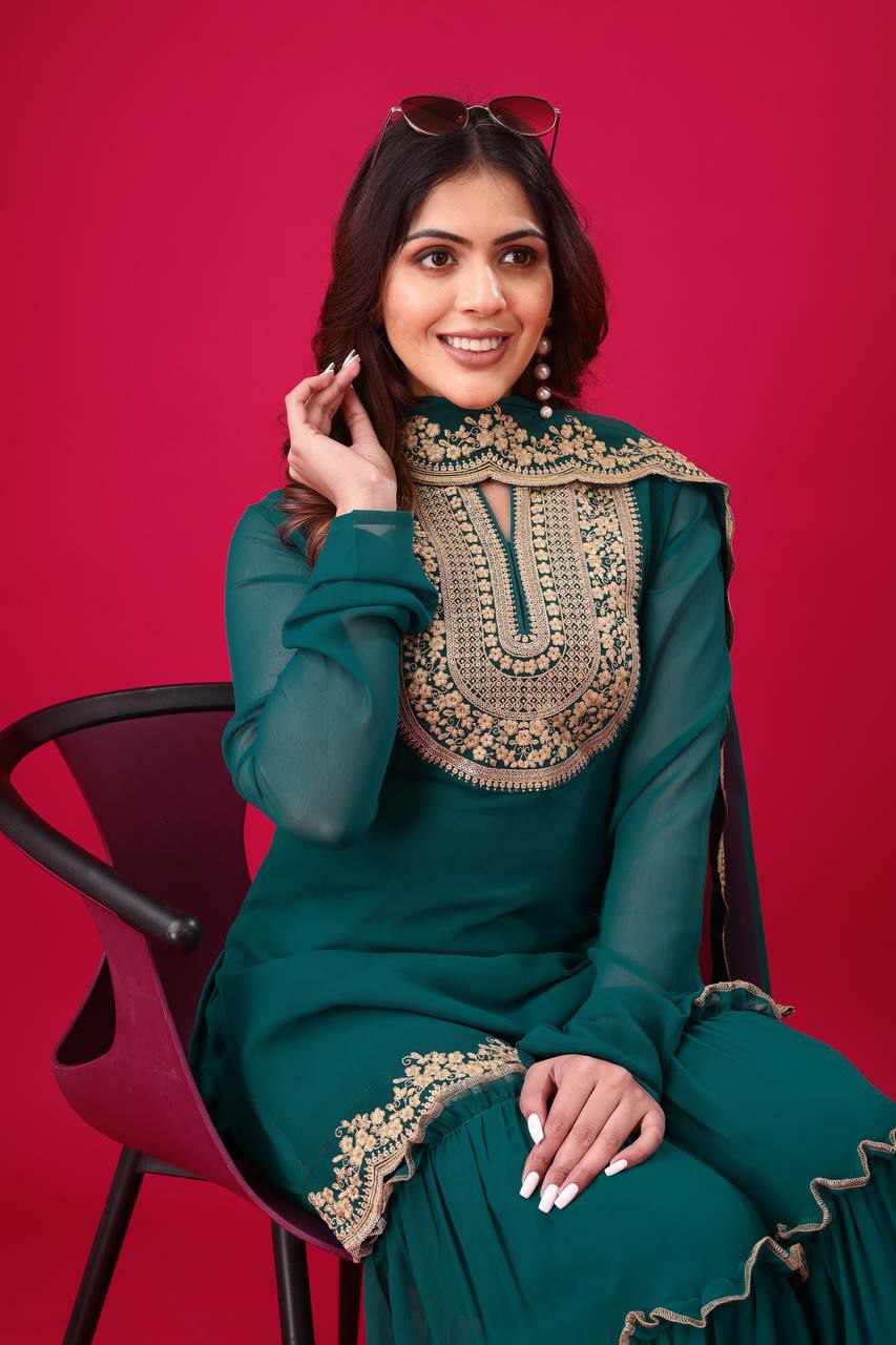 Prazu Fashion Royal Blue Georgette Embroidered Palazzo Suit | Grocsy