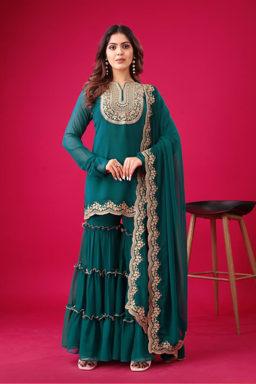 Prazu Fashion Royal Blue Georgette Embroidered Palazzo Suit | Grocsy
