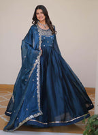Prazu Fashion Blue Silk Embroidered Designer Gown | Grocsy