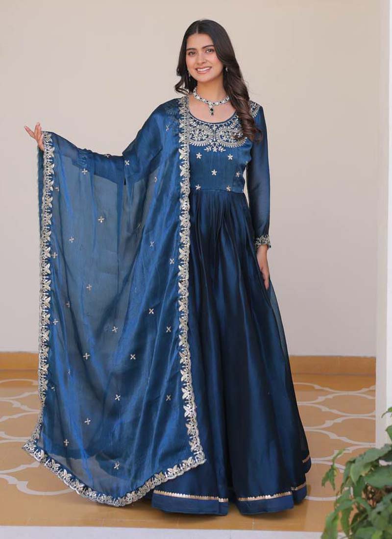 Prazu Fashion Blue Silk Embroidered Designer Gown | Grocsy