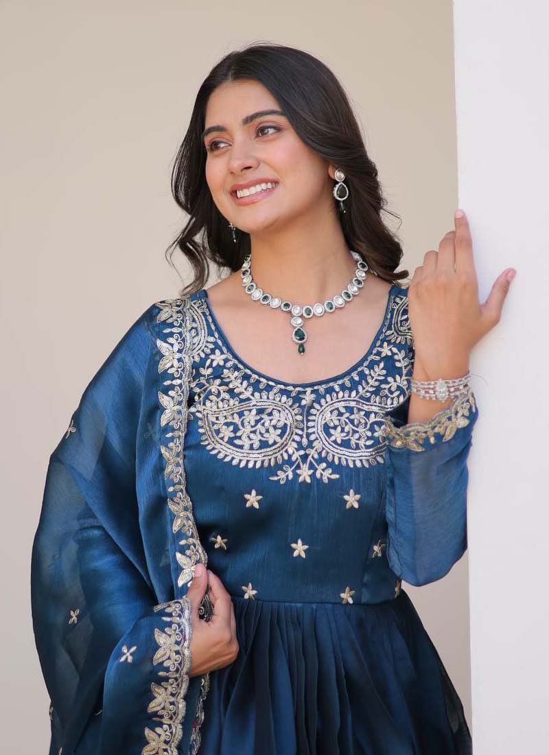 Prazu Fashion Blue Silk Embroidered Designer Gown | Grocsy