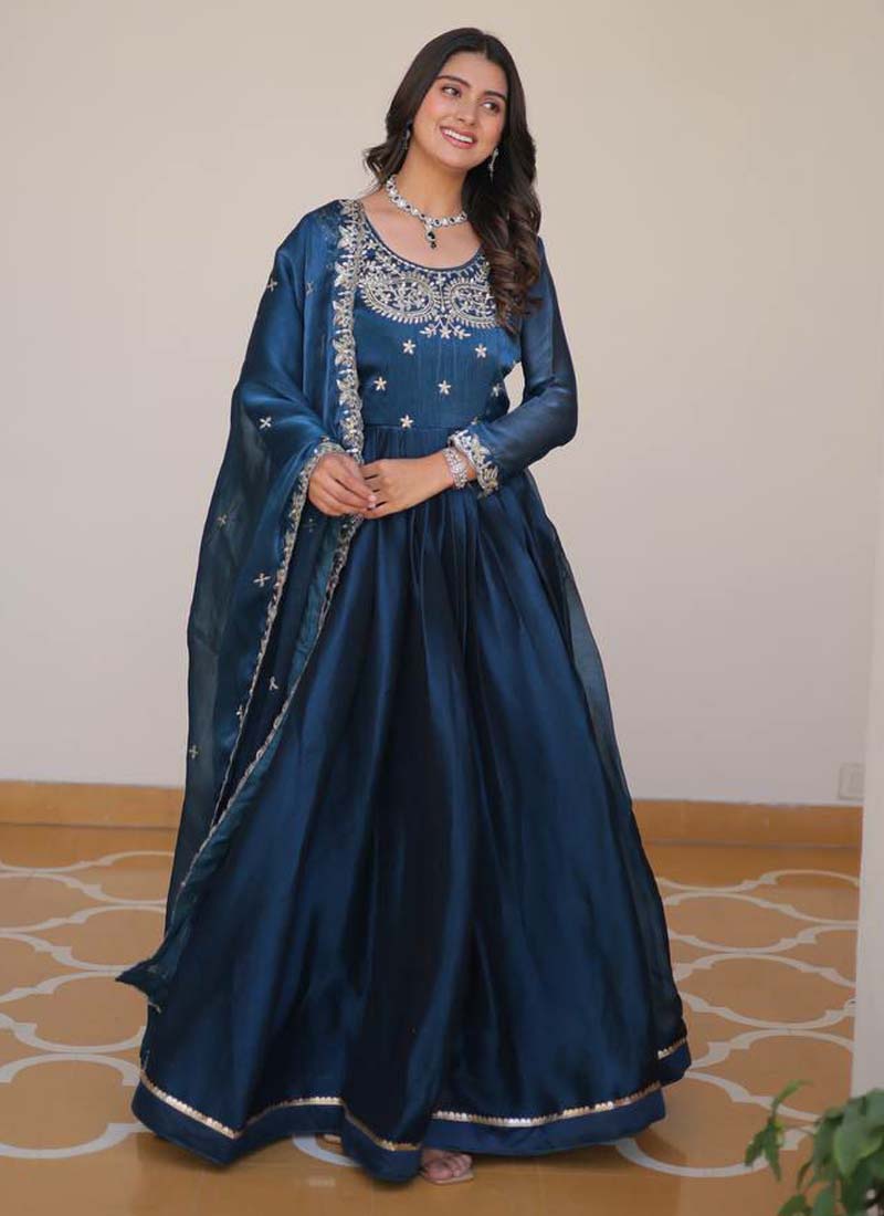 Prazu Fashion Blue Silk Embroidered Designer Gown | Grocsy