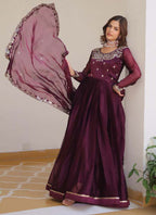 Prazu Fashion Violet Silk Embroidered Designer Gown | Grocsy