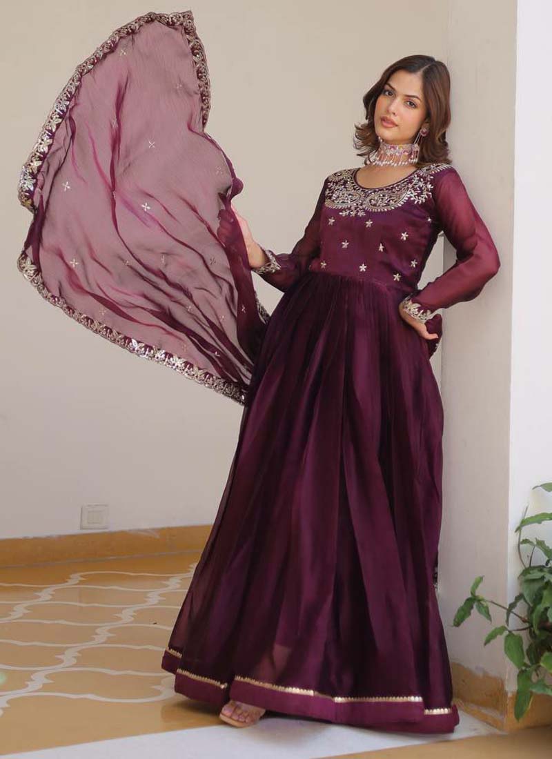 Prazu Fashion Violet Silk Embroidered Designer Gown | Grocsy
