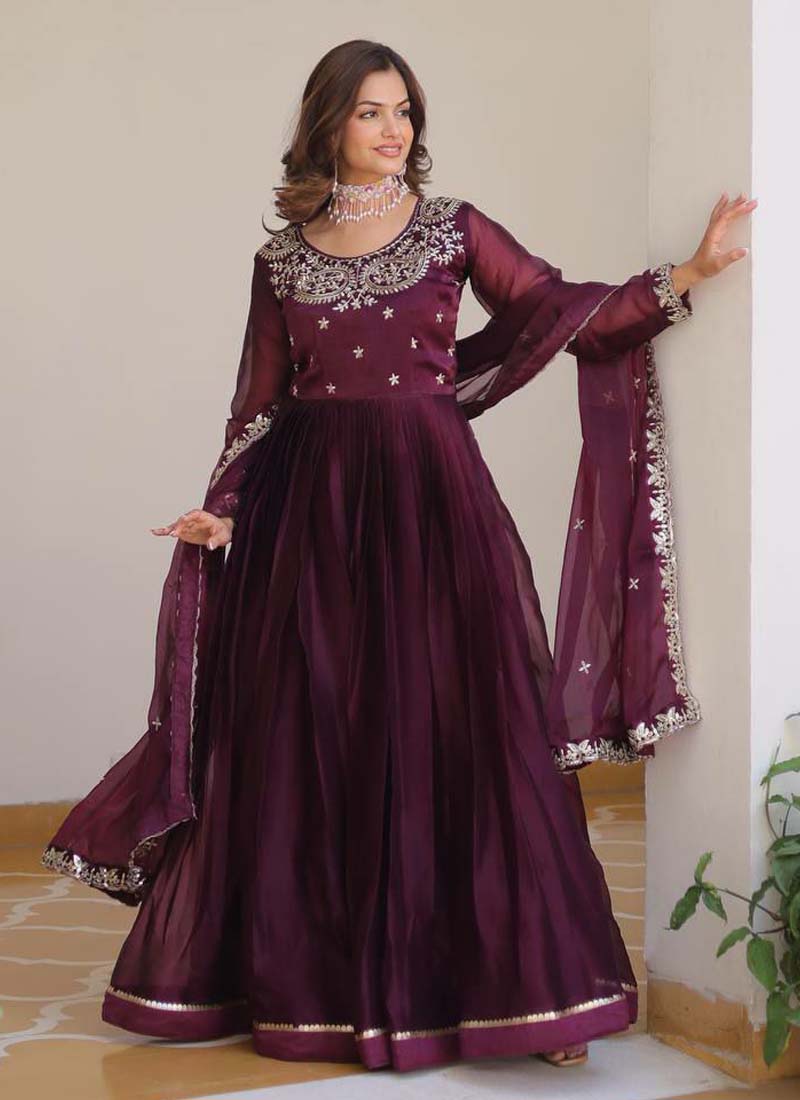 Prazu Fashion Violet Silk Embroidered Designer Gown | Grocsy