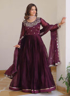 Prazu Fashion Violet Silk Embroidered Designer Gown | Grocsy