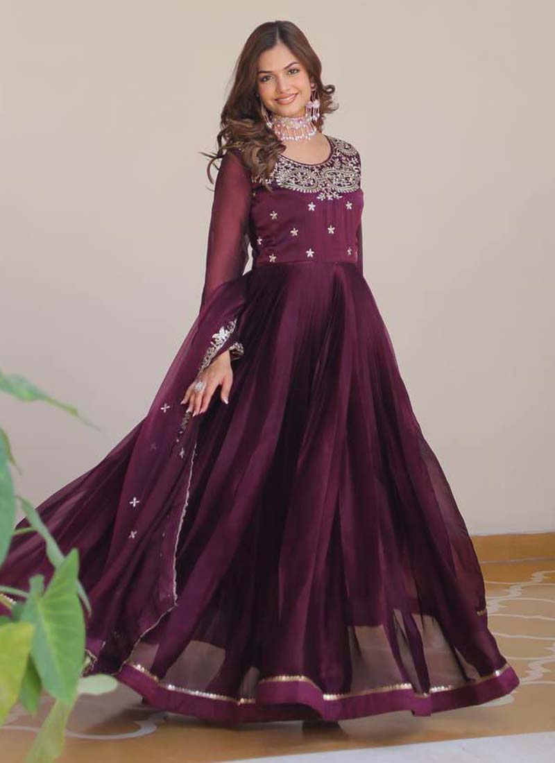 Prazu Fashion Violet Silk Embroidered Designer Gown | Grocsy