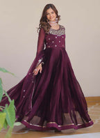 Prazu Fashion Violet Silk Embroidered Designer Gown | Grocsy