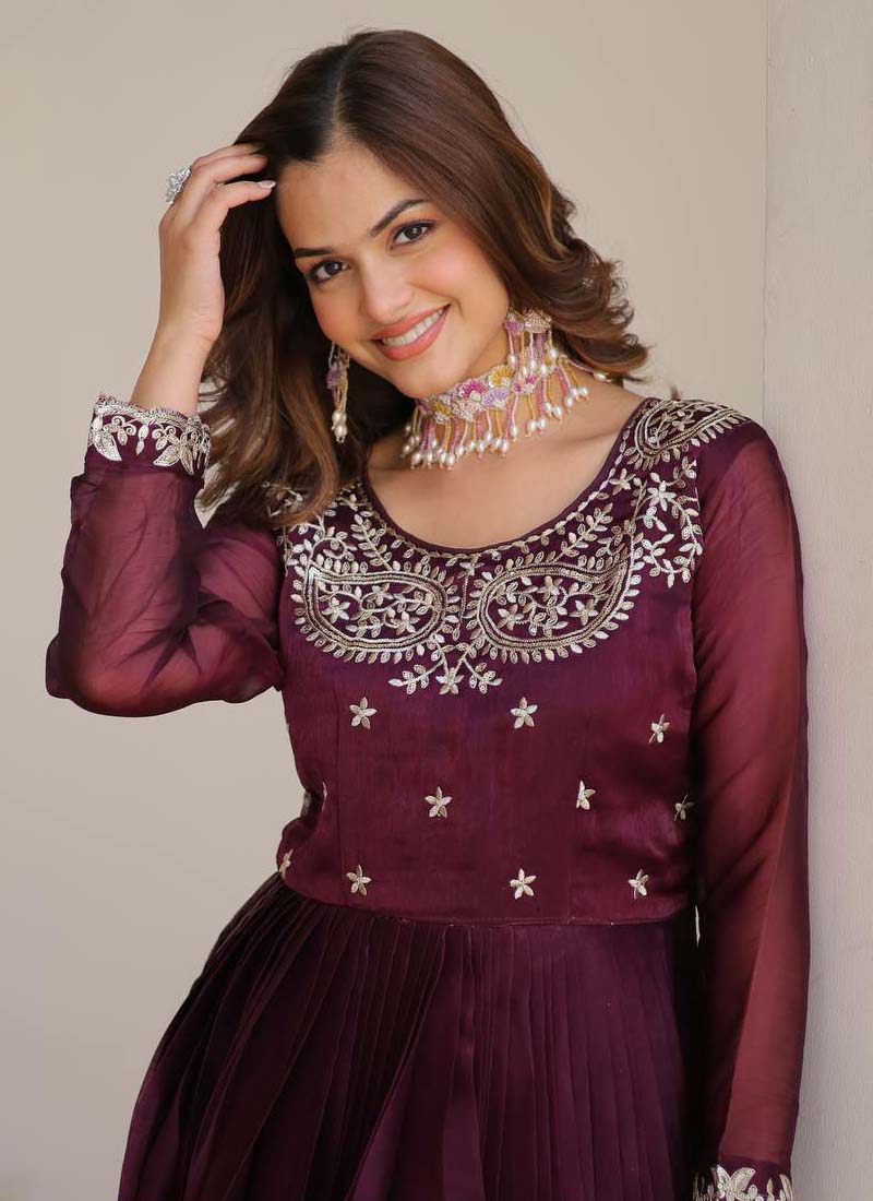 Prazu Fashion Violet Silk Embroidered Designer Gown | Grocsy