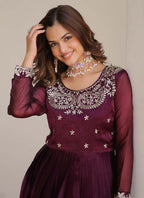 Prazu Fashion Violet Silk Embroidered Designer Gown | Grocsy