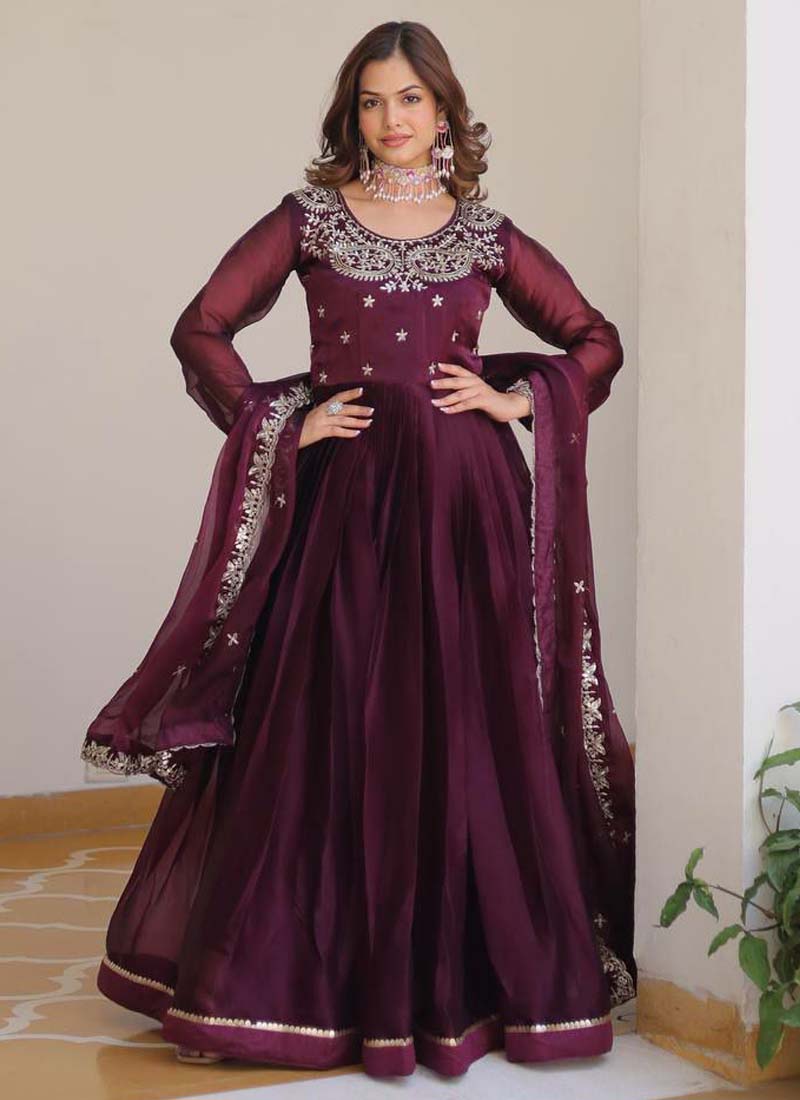 Prazu Fashion Violet Silk Embroidered Designer Gown | Grocsy