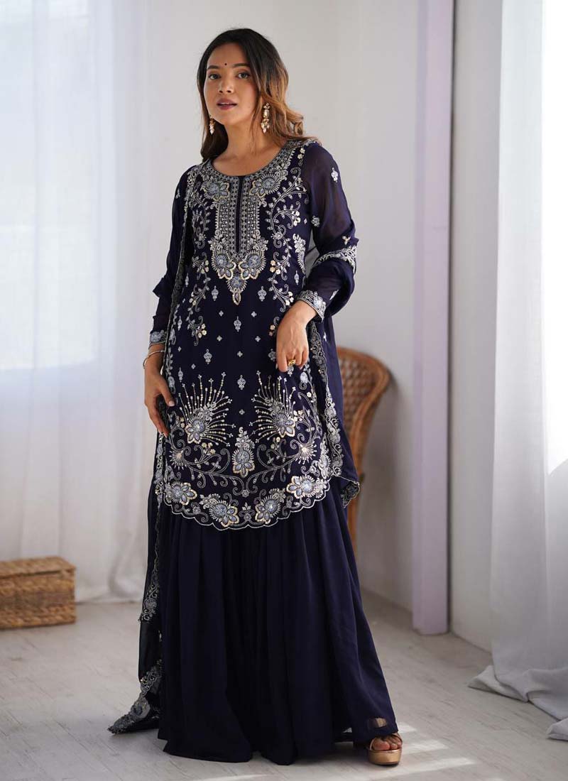 Prazu Fashion Blue Georgette Sequence Sharara Suit | Grocsy