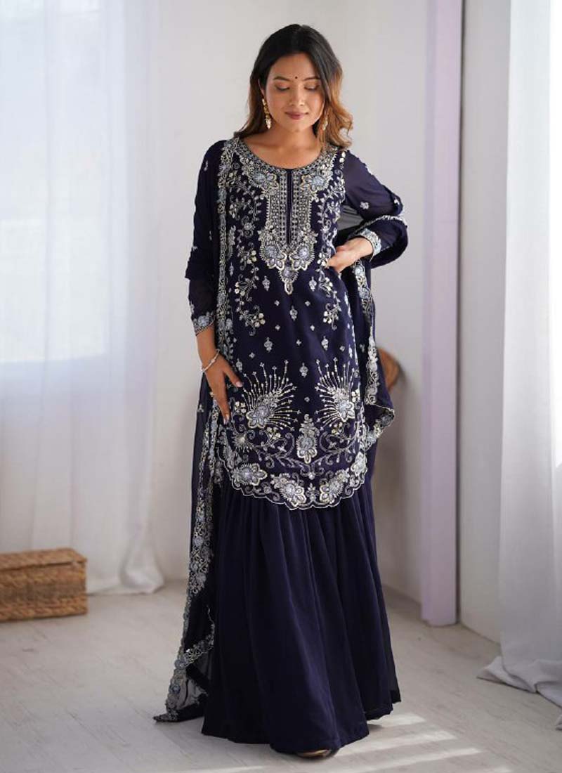 Prazu Fashion Blue Georgette Sequence Sharara Suit | Grocsy