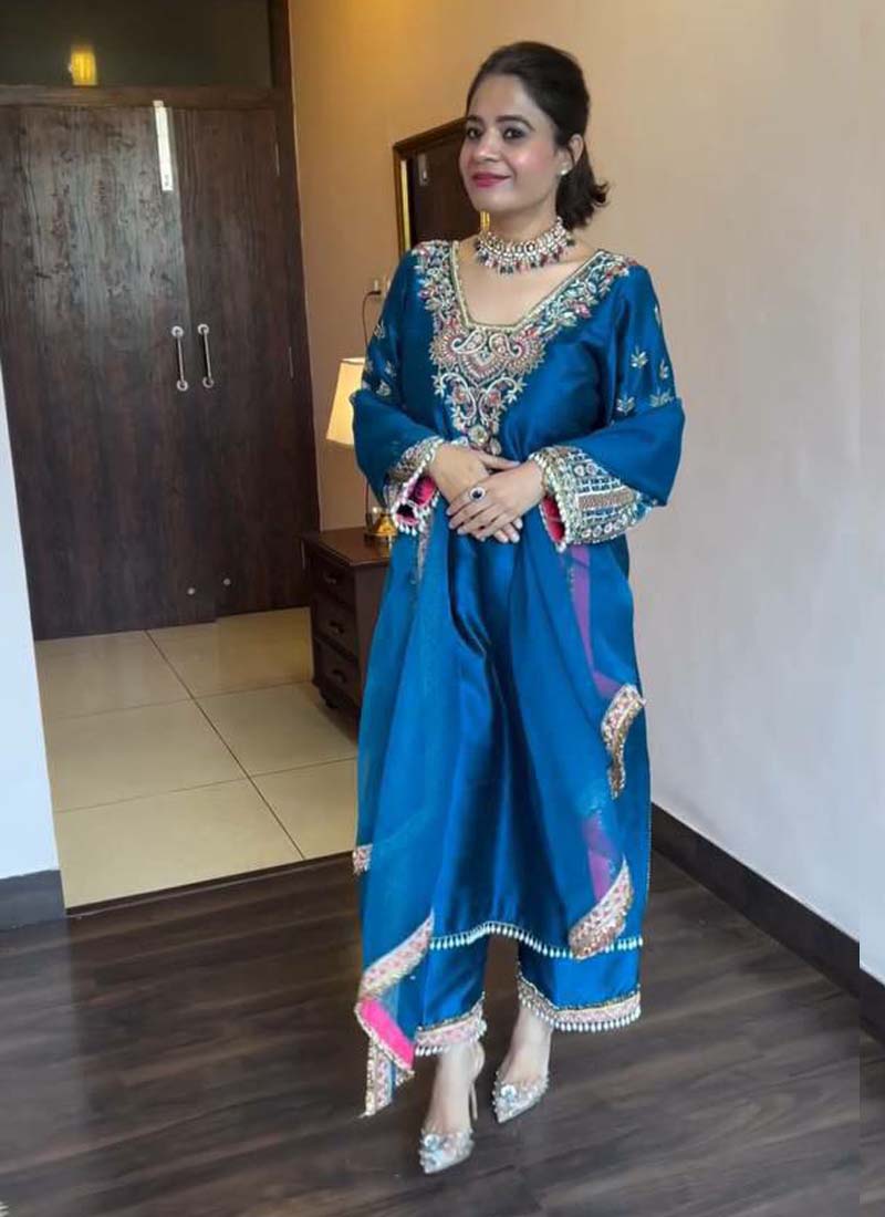 Prazu Fashion Royal Blue Vichitra Silk Embroidered Salwar Suit | Grocsy